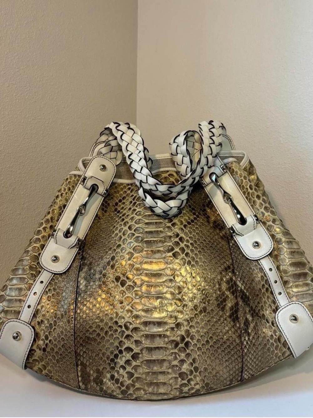 Gold Python-Texture Shoulder Bag with White Trim